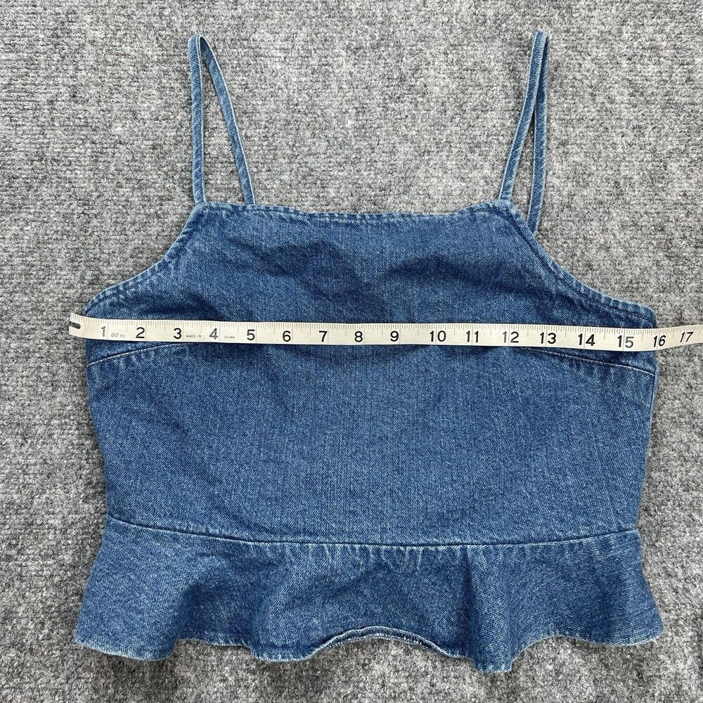 American Eagle Denim Tank Top Womens Medium Cropped Ruffle Bottom Smocked Back - Picture 5 of 7